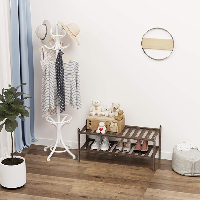 Shoe Rack,2-Tier Bamboo Stackable Shelf Storage Organizer for Entryway, Hallway and Closet, 27.2"x11"x13.2" (Mocha)