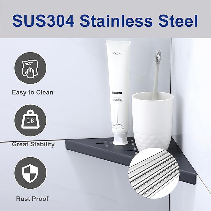 8" Corner Shower Shelf, 2-Pack Shower Shelves SUS304 Stainless Steel Bathroom Shelves for Tile Walls, Recessed Corner Shelf Organizer Rack, No Drilling (Matte Black)