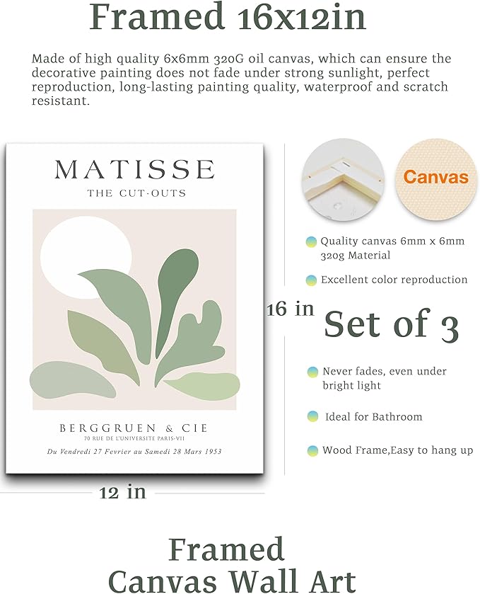 Matisse Sage Green Framed Wall Art,Abstract Green Canvas Wall Decor.12x16in Plants Botanical Poster Prints,Minimalist Classic Home Decoration for Living Room Bedroom Bathroom Office,Set of 3