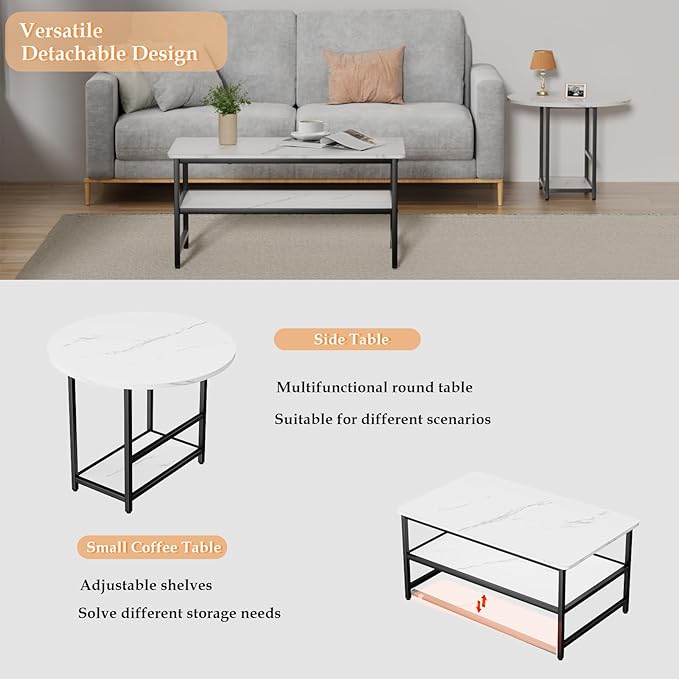 WOHOMO Coffee Table, White Modern Coffee Tables for Living Room, Detachable 2 Small Coffee Tables, Faux White Marble