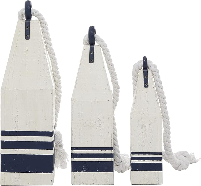 Deco 79 Wood Buoy Handmade Decorative Sculpture Home Decor Statues with Rope Accents, Set of 3 Accent Figurines 17", 15", 12"H, White