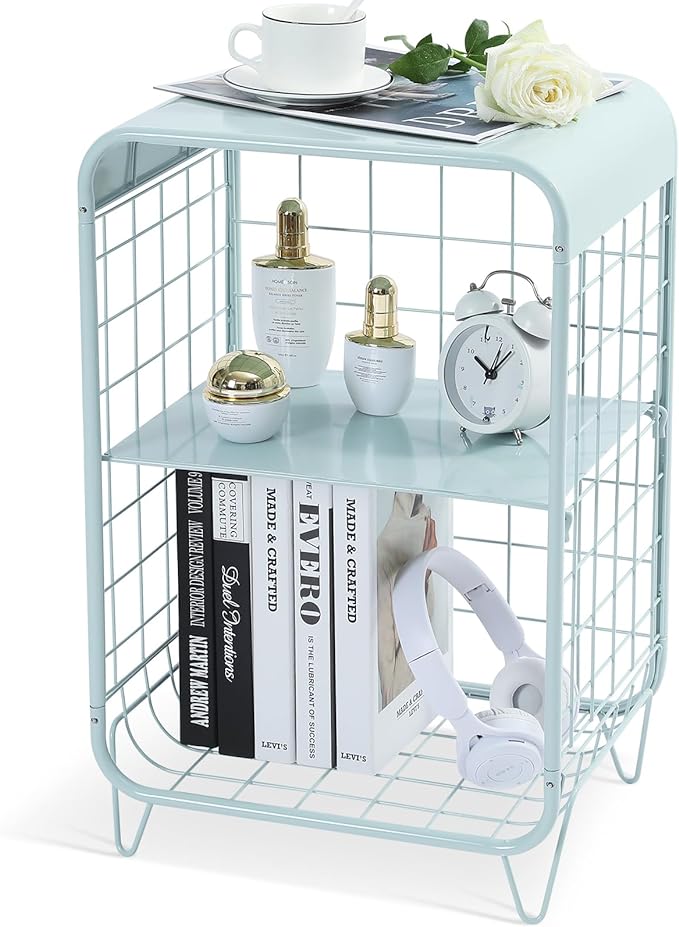 APEXCHASER Cute Nightstand,Metal Side Table,3 Tier End Table with Storage,Vintage Bedside Table,Girls Bedroom Furniture,Coffee Table for Living Room,Bedroom,Dorm,Mint Green