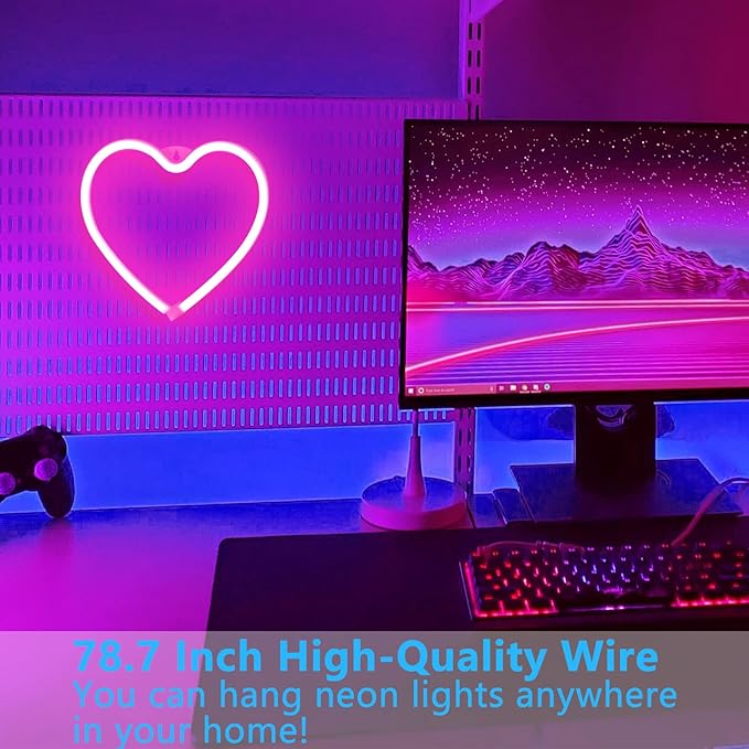 Pink Heart Neon Sign for Valentine's Day, Led Light 8.78.7 Inch Battery or USB Powered Romantic Love Lamp for Bedroom Wall Decor Art Kids Girl Room Wedding Party