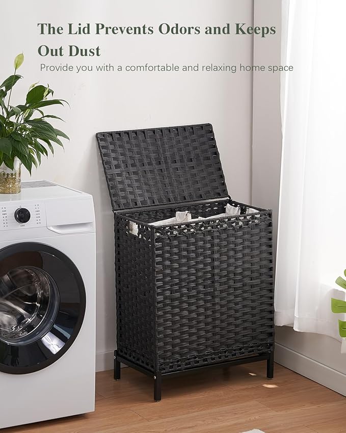 Laundry Hamper with Lid, 112 L Handwoven Rattan Wicker Laundry Basket, 2 Removable Liner Bags Metal Heightened Feet, 6 Mesh Bags, 2 Section Large Clothes Hamper for Bathroom Bedroom, Black