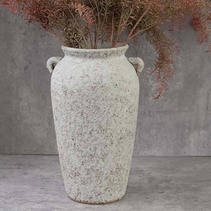 Ceramic Rustic Farmhouse Vase with 2 Handles, 12.2'' Tall Large Vintage Stoneware Clay Decorative Handmade Terracotta Pottery Flower Vase for Home Living Room Decor Table Entryway Grey White