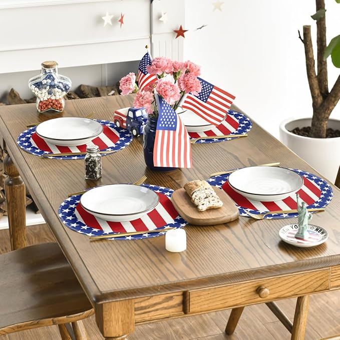 Artoid Mode Watercolor Stripes Stars 4th of July Round Placemats Set of 4,14 Inch Patriotic Memorial Day Table Mats for Party Kitchen Dining Decoration