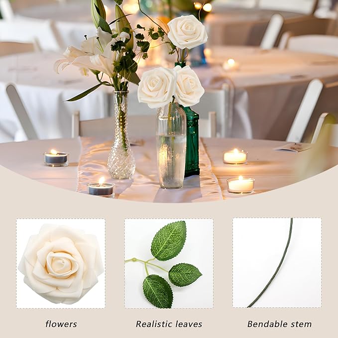 Artificial Flowers 50PCS Champagne Roses Real Looking Foam Fake Roses with Leaves and for DIY Wedding Bouquets Bridal Shower Centerpieces Party Decorations (Champagne)