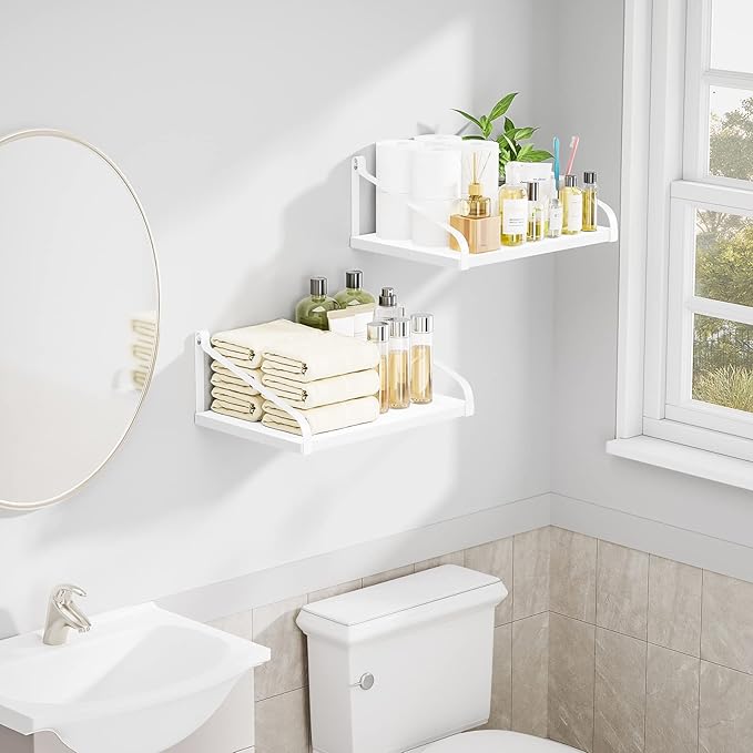 Love-KANKEI Floating Shelves Wall Mount Rustic Solid Wood Wall Shelves with Large Storage L16.5 x W12 inch for Kitchen Living Room Bathroom Bedroom Set of 2 White and White Brackets