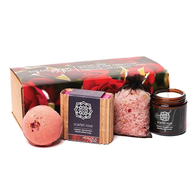 Hemlock Park Scarlet Rose Artisanal Spa Gift Box | Apothecary Candle, Shea Butter Soap, Bath Bomb, Mineral Salt Bath Soak | Handcrafted with Plant Based Ingredients