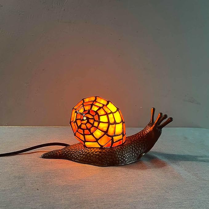 Bieye L10963 Land Snail Tiffany Style Stained Glass Accent Table Lamp for Home Decor (Orange, 10" D x 5" W x 5" H)