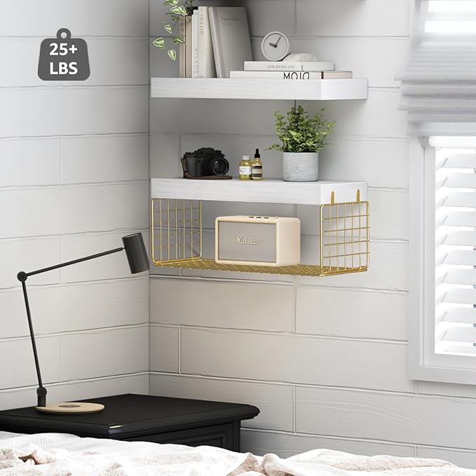 QEEIG Bathroom Shelves Over Toilet - Wall Mounted Floating Shelves Toilet Paper Storage Small Modern Decor Shelf 16 inch Set of 2, White and Gold (019-WG2)
