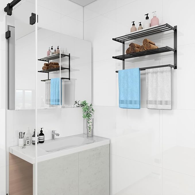 Towel Racks for Bathroom Wall Mounted 24", 3 Tier Bathroom Towel Shelf with Double Towel Bar, Stainless Steel Towel Rack with Towel Shelf, Towel Hanger Holder for Bathroom Towel Storage, Black