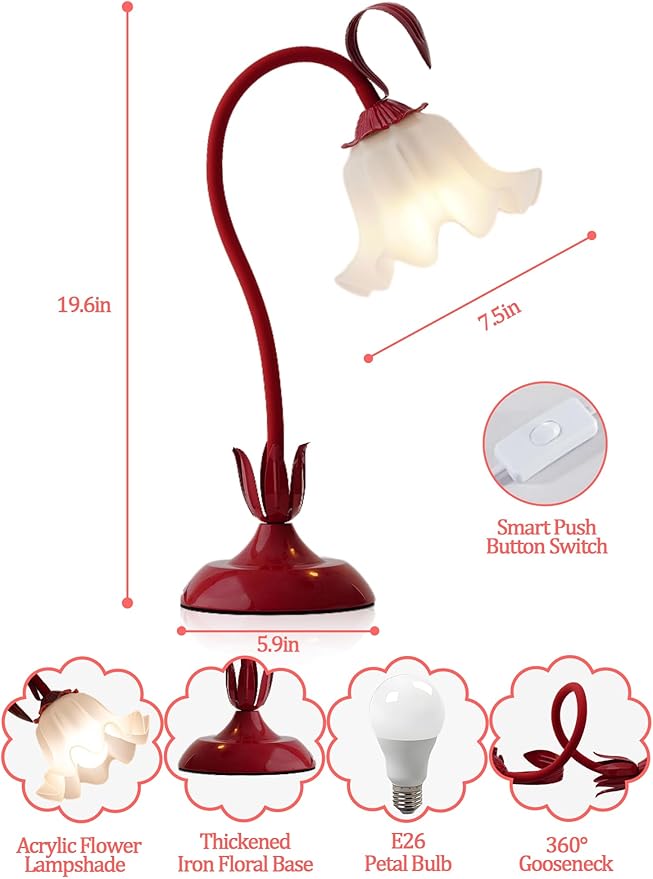 Flower Table Lamp,LED Reading Light Bedside Vintage Flower Night Light,3 Colors Modes Kawaii Bedside Lamps Decor,Living Room Bedroom Room Lighting Table Lamps Home Decoration (Red)