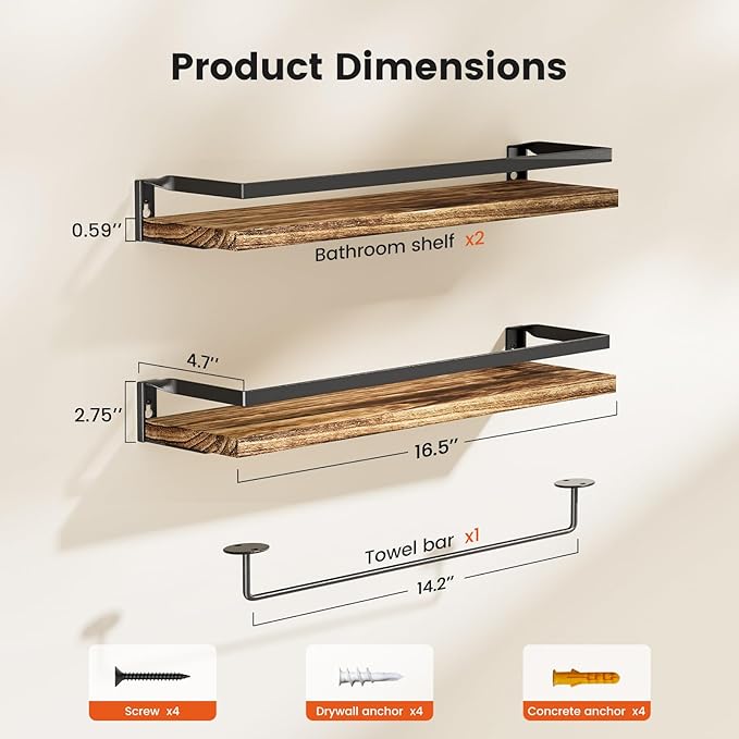 Amada HOMEFURNISHING Floating Shelves Wall Mounted, Wall Shelves for Bathroom, Kitchen, Bedroom, Storage Shelf with Towel Bar, Set of 2, Rustic Brown