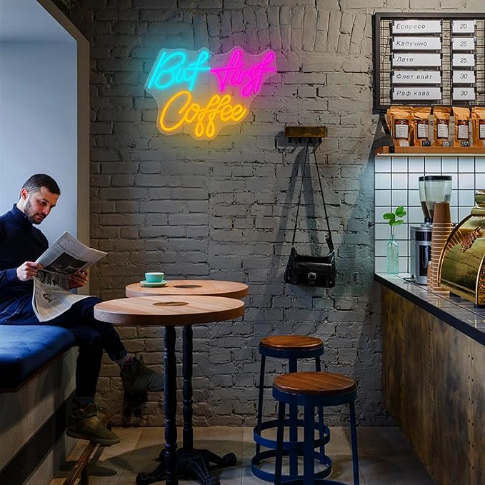 But First Coffee Neon Sign, Light Up USB Powered Dimmable Sign for Cafe Bar, Shop, Station Kitchen Home Bar Wall Decor, 16.14 * 11.81 Inch