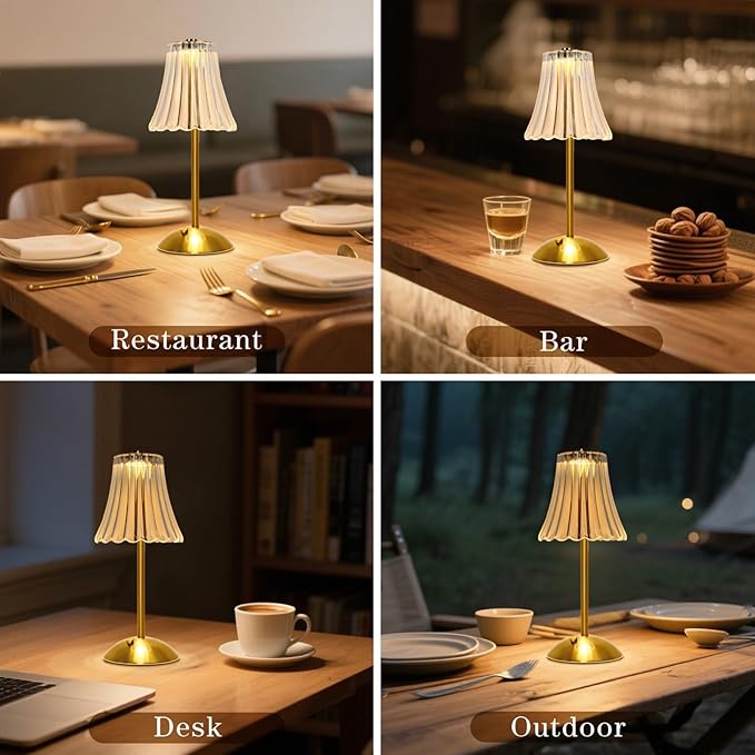 Cordless LED Touch Lamp with Crystal Acrylic Shade, USB Rechargeable, 3-Color Temperature, Dimmable Table Light, Portable Modern Industrial Style Lighting for Bedroom, Office, Patio & Gift Use