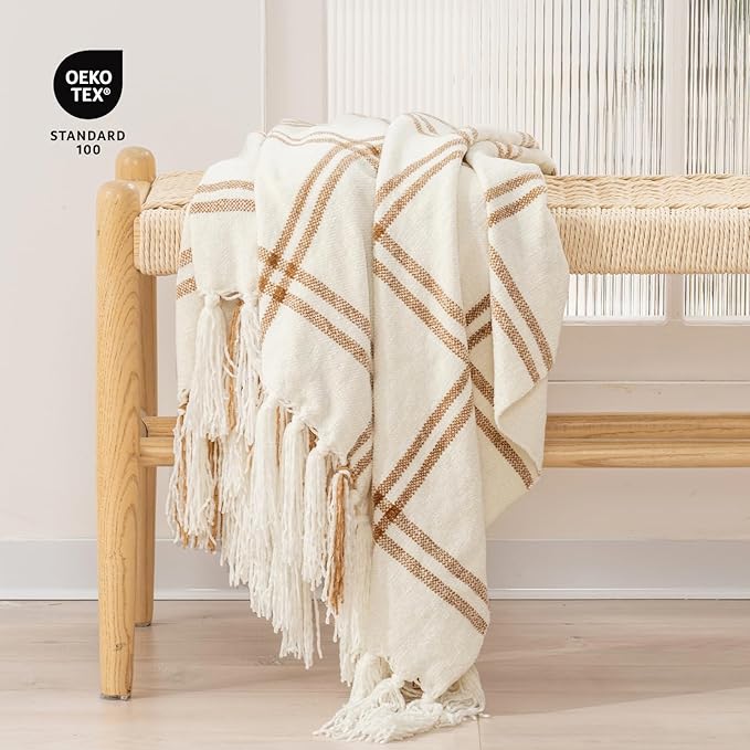 EVERGRACE Plaid Chenille Throw Blanket for Couch, Super Soft Cozy Decorative Windowpane Grid Plaid Throw with Tassels, Lightweight Chenille Knit Throw for Bed Sofa Gift, Cream & Beige 50"x60"