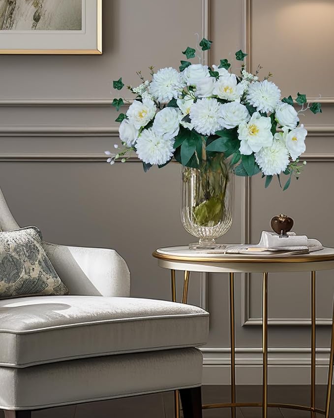 Premium Artificial Flowers, White Silk Flower Bouquets, Ivory Fake Flowers Decoration, Faux Floral Arrangements for Wedding Bridal Bouquets, Home Decor, Baby Shower, Table Centerpieces