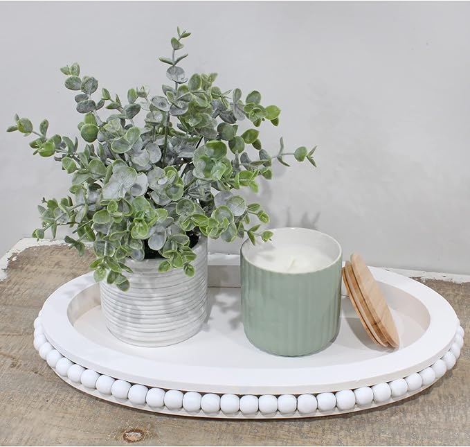 AuldHome Wood Beaded Tray (White), Decorative Farmhouse Style Oval Wooden Tray