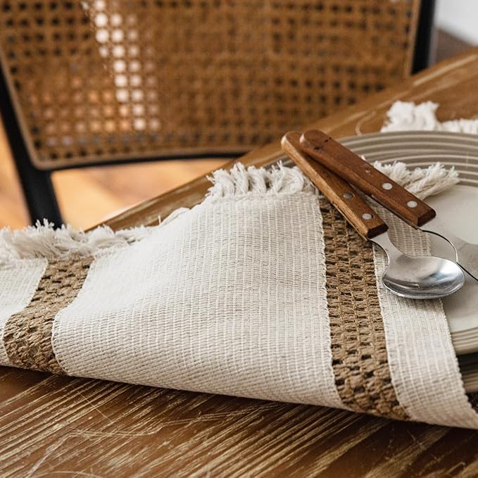 Boho Placemats Set of 4, Splicing Woven Placemat 12 x 19 Inches, Burlap Rustic Place Mat, Kitchen Table Heat-Resistant Table Mats