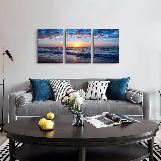 hyidecorart 3 Piece Canvas Wall Art -Sunrise blue sea view Landscape - Modern Home Decor Room Stretched and Framed Ready to Hang - 12"x16"x3 Panels