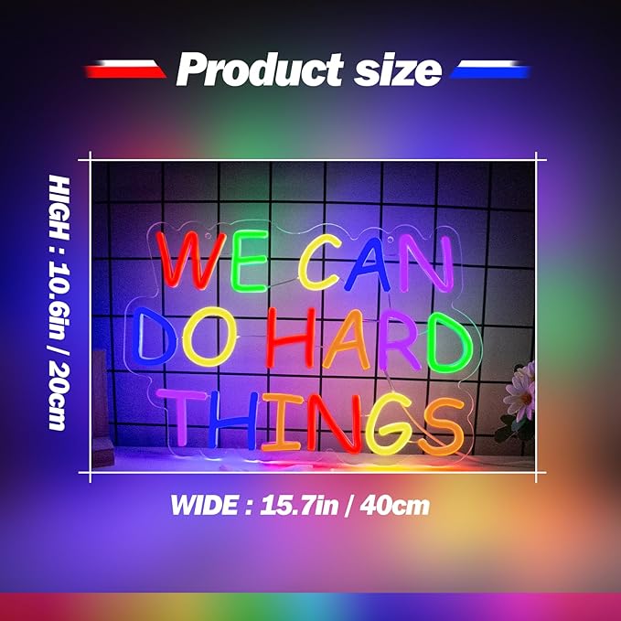 Goneons We Can Do Hard Things Dimmable Colorful Neon Light Sign for Wall Decor,USB Powered LED Neon Sign for Kids Wall Art Classroom Bedroom Living Room Birthday Game Room School Decor