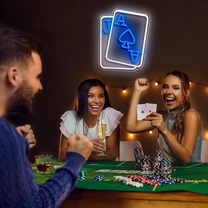 Playing Cards Neon Signs for Wall Decor, Poker Adjustable Led Neon Light, Blue White Usb Light Sign for Bedroom Casino Bar Hotel Play Room Birthday Party Decor