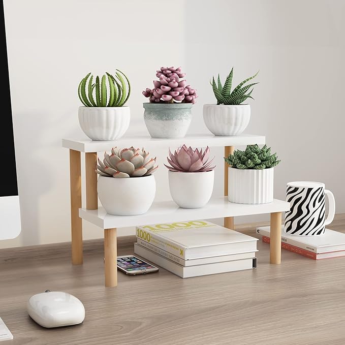 Small Plant Stand Indoor Ladder Shelf Desk, 2 Tiers Desktop Flower Stand Window Sill ,Wood Display Stand for Succulent Cupcake Spice Rack Countertop ( White, 14.2")