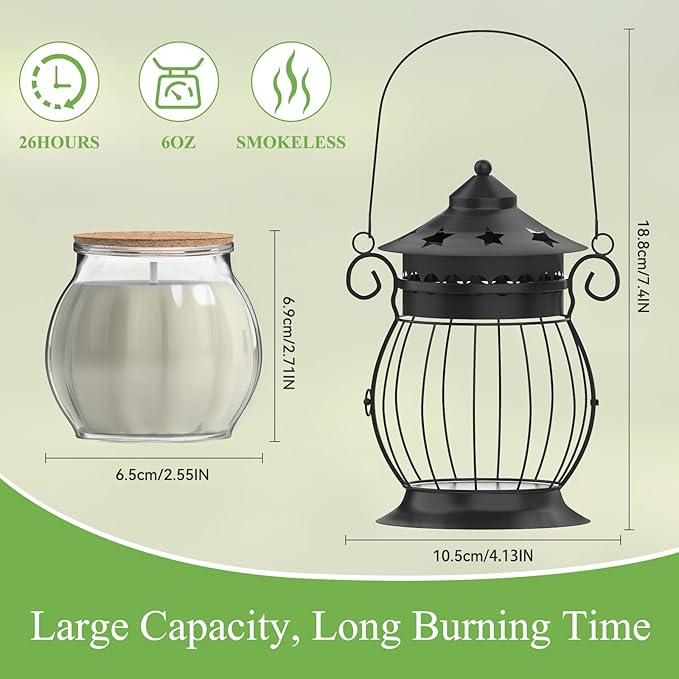 Citronella Candles Outdoor, 2 x 6oz Scented Candles with Vintage Metal Lantern Holder, Natural Citronella Soy Wax Candles, Lemongrass Candles for Patio, Garden, and Camping - Gifts for Women