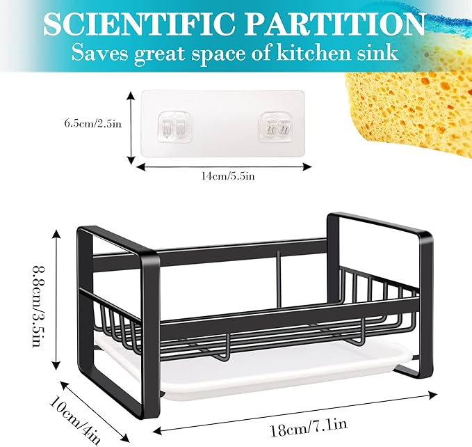 VANTEN Kitchen Sink Caddy Sponge Holder Sink Organizer, Sink Tray Drainer Rack, Soap Dish Dispenser Brush Holder Storage Accessories -Countertop or Adhesive