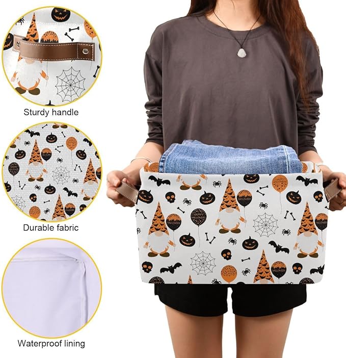 Happy Halloween Gnomes Storage Basket Fabric Kitchen Baskets Spooky Pumpkin Ghost Bat Spider Web Open Home Storage Bins Boxes Foldable Foldable for Candy Toy Decorations Baskets 16×12×8 Inches