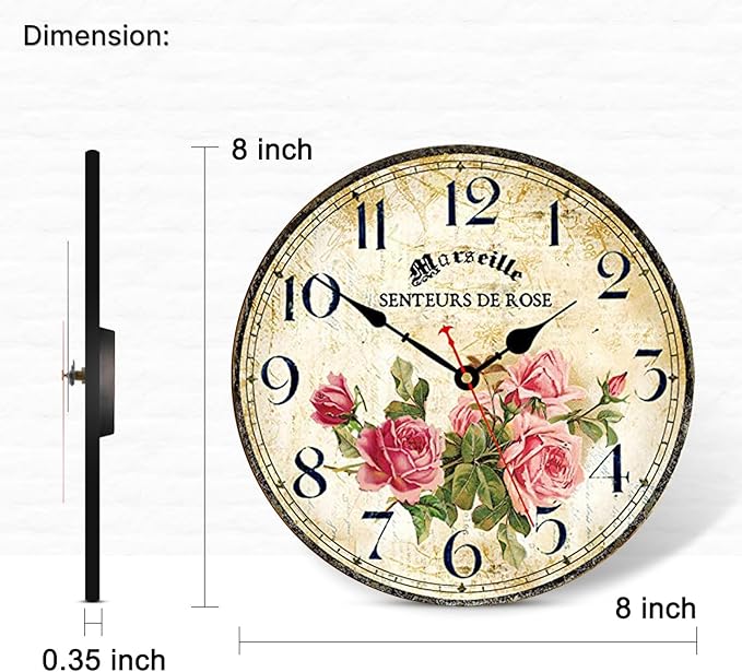 Vintage French Floral Wall Clock with Pink Rose Pattern Small Round Silent Non-Ticking Quartz Movement 8 inches Wall Clocks Battery Operated Home Flower Decorative for Bedroom,Living Room