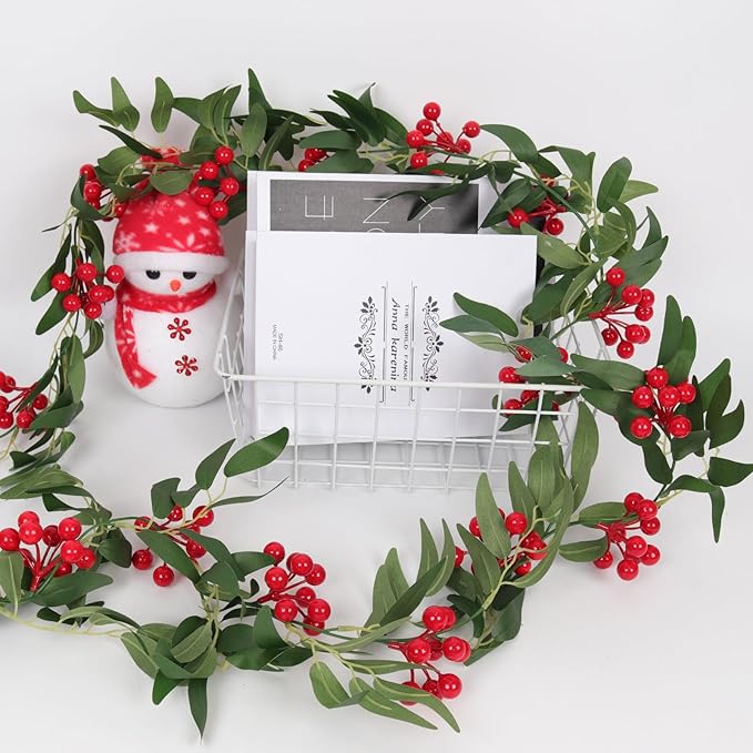 Artificial Hanging Willow Vines with Red Berry Christmas Garland 2Pcs-6FT Faux Hanging Willow Leaf Ivy Red Berries Greenery Rattan Christmas Wedding Party Wall Mantel Home Winter Indoor Outdoor Decor