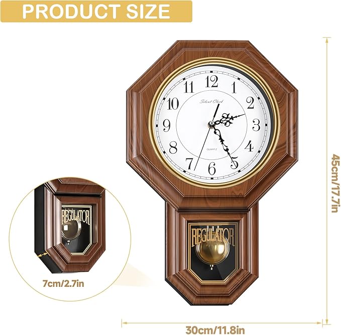 Pendulum Wall Clock Battery Operated, Imitation Wood Plastic Regulator Clock with Pendulum,Vintage Decorative Wall Clocks for Living Room,Farmhouse,Office,Bedroom,Kitchen,Wall Decor