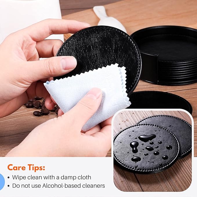 Leather Coasters for Drinks, 4" Drink Coasters Set of 6 with Holder for Tabletop Protection, Handmade Luxurious Home Décor and Housewarming Gift (Black)