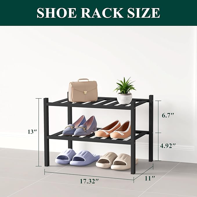 Smiry Bamboo Shoe Rack for Closet, 2 Tier Small Wooden Stackable Shoe Organizer, Free Standing Shoes Storage Shelf for Entryway, Front Door Entrance, Black