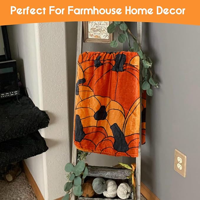 Fall Thanksgiving Blankets,Cat Orange Pumpkin Maple Leaf Farmhouse Blanket Throw, Flannel Fleece Throw Blanket for Home Living Room Couch Bed Chair or Dorm Decor 60"x50"