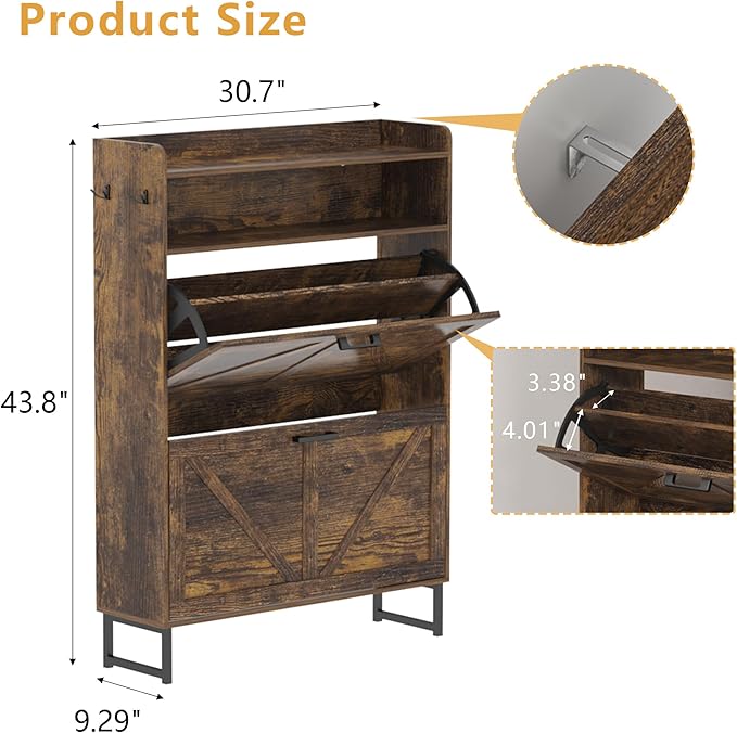 Shoe Cabinet with 2 Flip Drawers, Freestanding Hidden Shoe Storage Organizer for Entryway, Narrow Slim Shoe Rack Cabinet with Open Storage & Hooks for Front Door Entrance, Living Room, Hallway, Brown