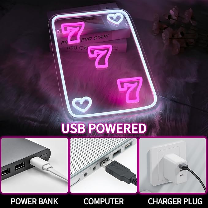Lucky 777 Neon Sign for Wall Decor Dimmable Pink Poker Led Lights Signs for Bedroom Luck Seven Neon Light for Game Room Living Room Party Decoration Birthday Gift for Kids Girl