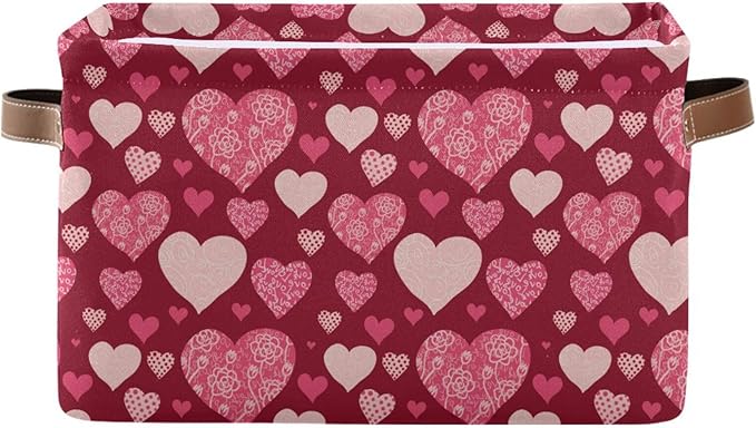 Happy Valentine's Day Storage Basket Fabric Kitchen Baskets Valentines Pink Purple Love Heart Open Home Storage Bins Boxes Foldable Organizer Bag Cloth Toy Book Shelf Closet Baskets 16×12×8 Inches