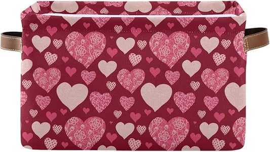 Happy Valentine's Day Storage Basket Fabric Kitchen Baskets Valentines Pink Purple Love Heart Open Home Storage Bins Boxes Foldable Organizer Bag Cloth Toy Book Shelf Closet Baskets 16×12×8 Inches