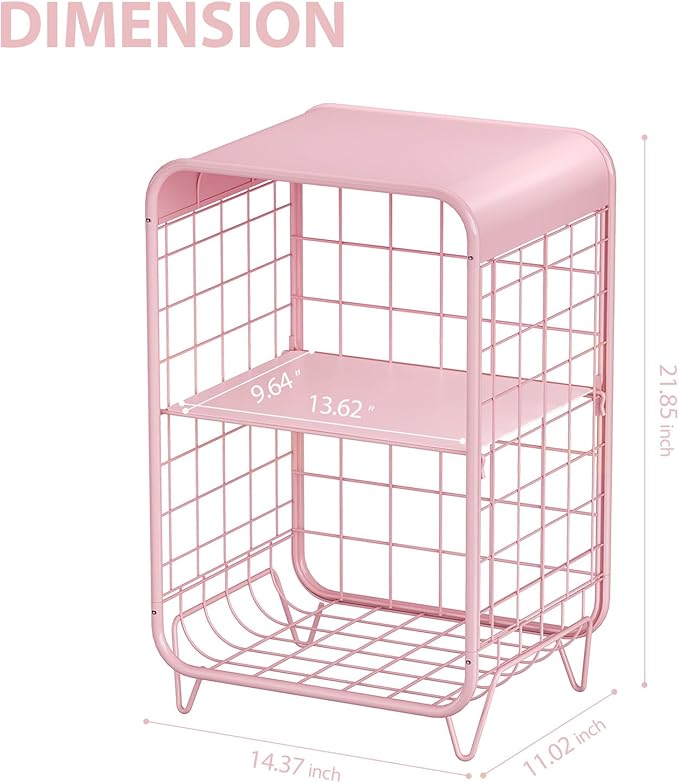 APEXCHASER Cute Kids Pink Nightstand,Metal Side Table,3 Tier End Table with Storage,Vintage Bedside Table,Girls Bedroom Furniture for Living Room,Bedroom,Dorm