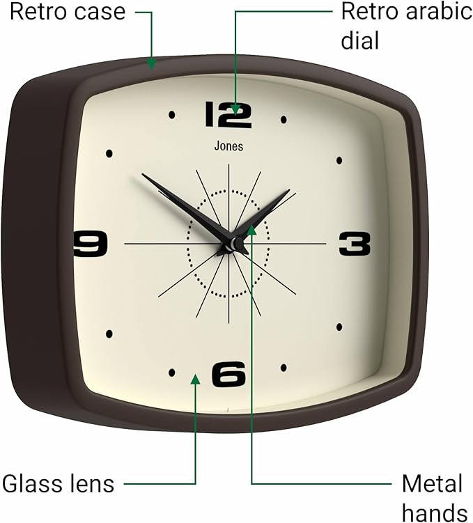 JONES CLOCKS® Movie Wall Clock | Rectangular Retro Clock | 10 inch | Mocha Brown | Cool mid-Century Designer Look for Kitchen, Living Room or Office