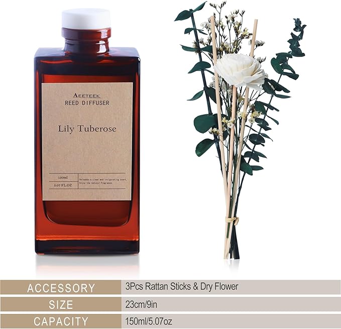 Reed Diffuser Set - Lily Tuberose Essential Oil, 5.07oz/150ml Floral Aroma Oils Scents with Flower Decoration and Rattan Sticks, Home Fragrance for Bedroom Bathroom Shelf Office Room Decor
