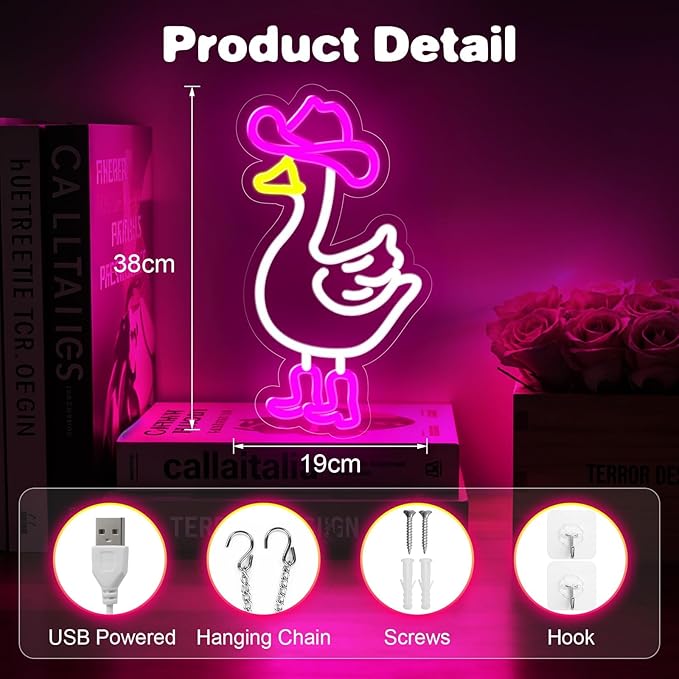 Cowboy Goose Neon Sign for Wall Decor,Dimmable Goose with Cowboy Hat & Boots Neon Light,Pink White Animal Light Up Signs for Bedroom Party Bar Background Decoration