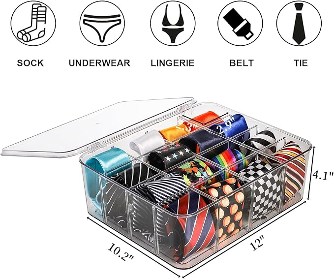 Plastic Sock Underwear Drawer Organizer Dividers, 16 Compartment Clear Tie Organizers with Lid, Removable Divided Wardrobe Storage Box for Tie, Bra Storage