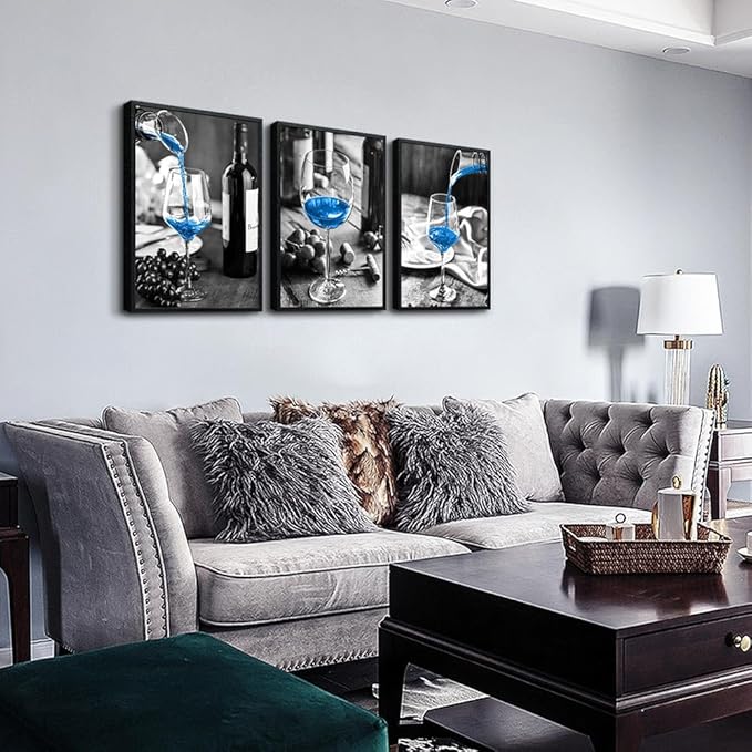 TTHYUEWS Black Framed Wall Art For Kitchen Modern Wall Decor For Dining Room Black And White Wall Paintings Blue Wine Glasses Pictures Prints Artwork Ready To Hang For Restaurant Home Decor 3 Piece