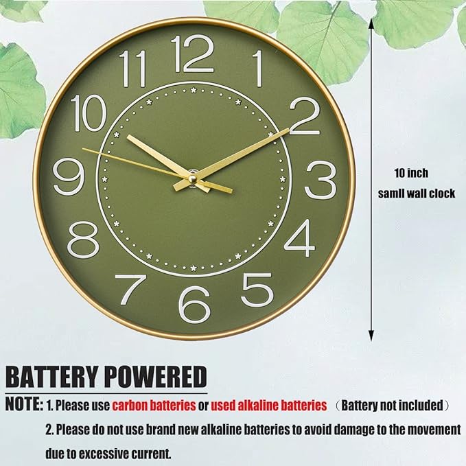 HZDHCLH Modern Wall Clocks Battery Operated,10 inch Olive Green Clock for Wall,Silent Small Wall Clock for Living Room Bedroom Kitchen Office Nursery Decor