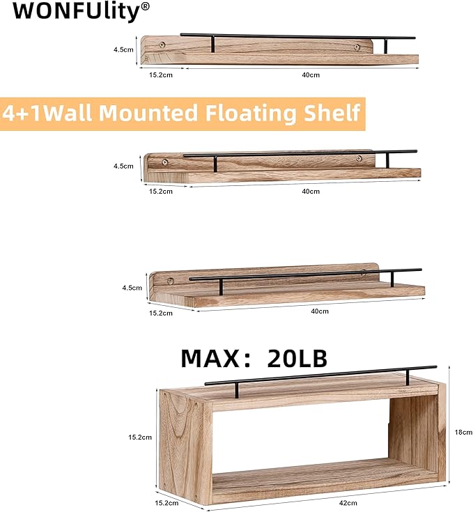 WONFUlity Bathroom Shelves Floating with Over Toilet Paper Holder, Farmhouse Wood Shelves for Living Room, Bedroom, Kitchen, Wall Decor (4 Natural)