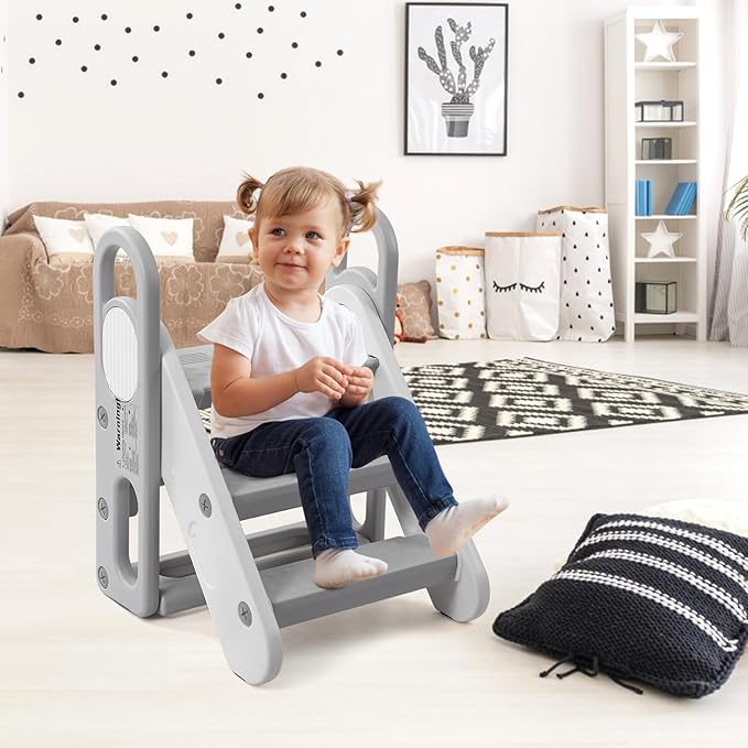 Foldable Toddler Step Stool for Bathroom Sink, Adjustable 3 Steps Ladder for Toddlers with Handles, Folding Nursery Step Stool for Kids Toilet Potty Training, Kitchen Counter Standing Helper, Grey